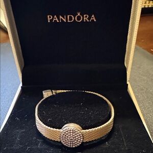 Pandora Gold Mesh Bracelet with Silver Crystal charm